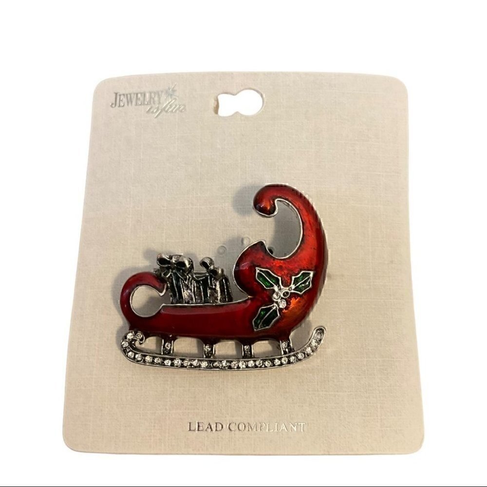 Beautiful Red Sleigh Brooch with rhinestones  NWT